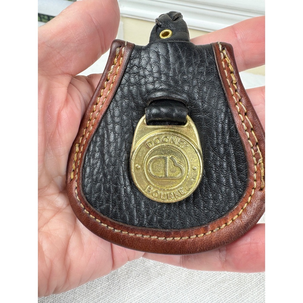 Dooney & Bourke Vintage Pebbled Leather Key Chain Bell Black & Tan Brass Logo